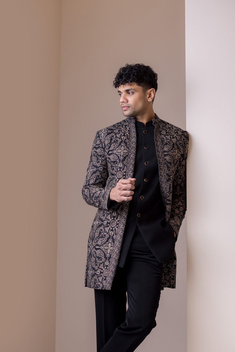 Black Indian long jacket with gold embroidery
