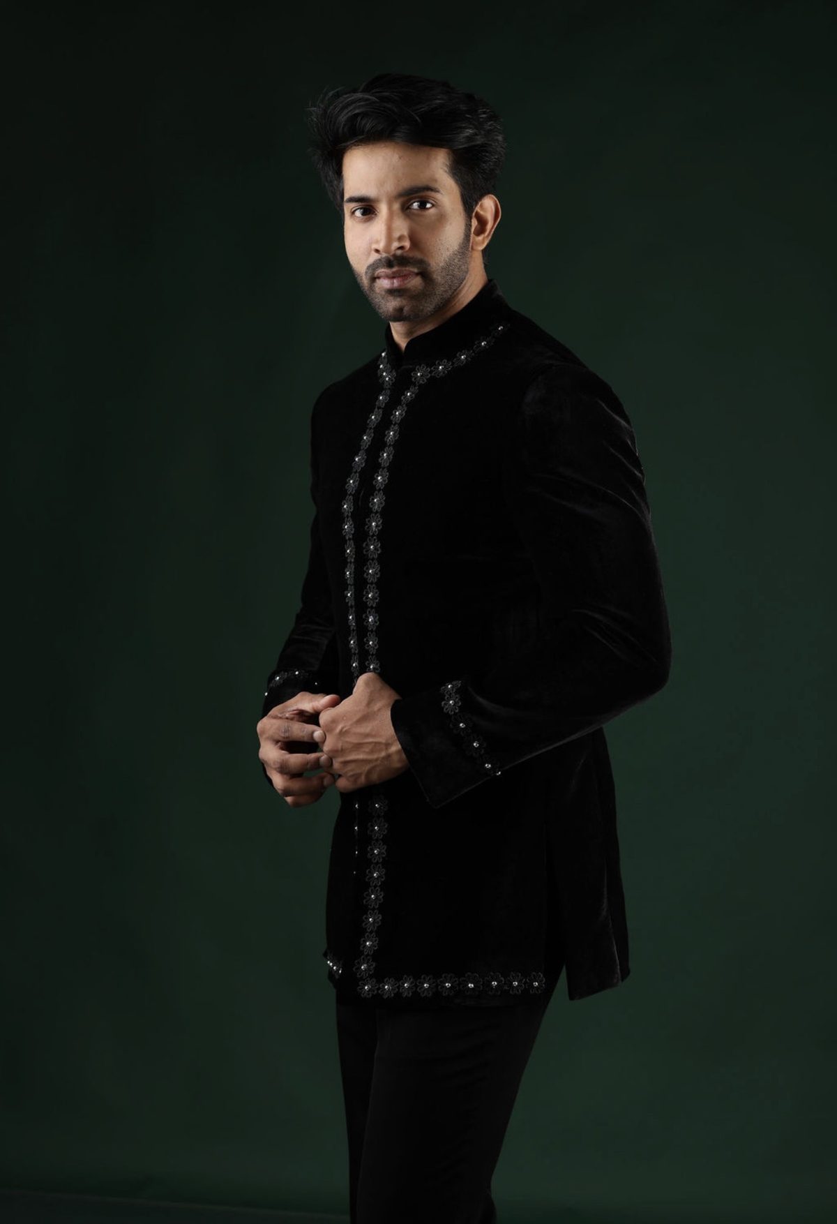 Black velvet Indian Jodhpuri with floral detailing
