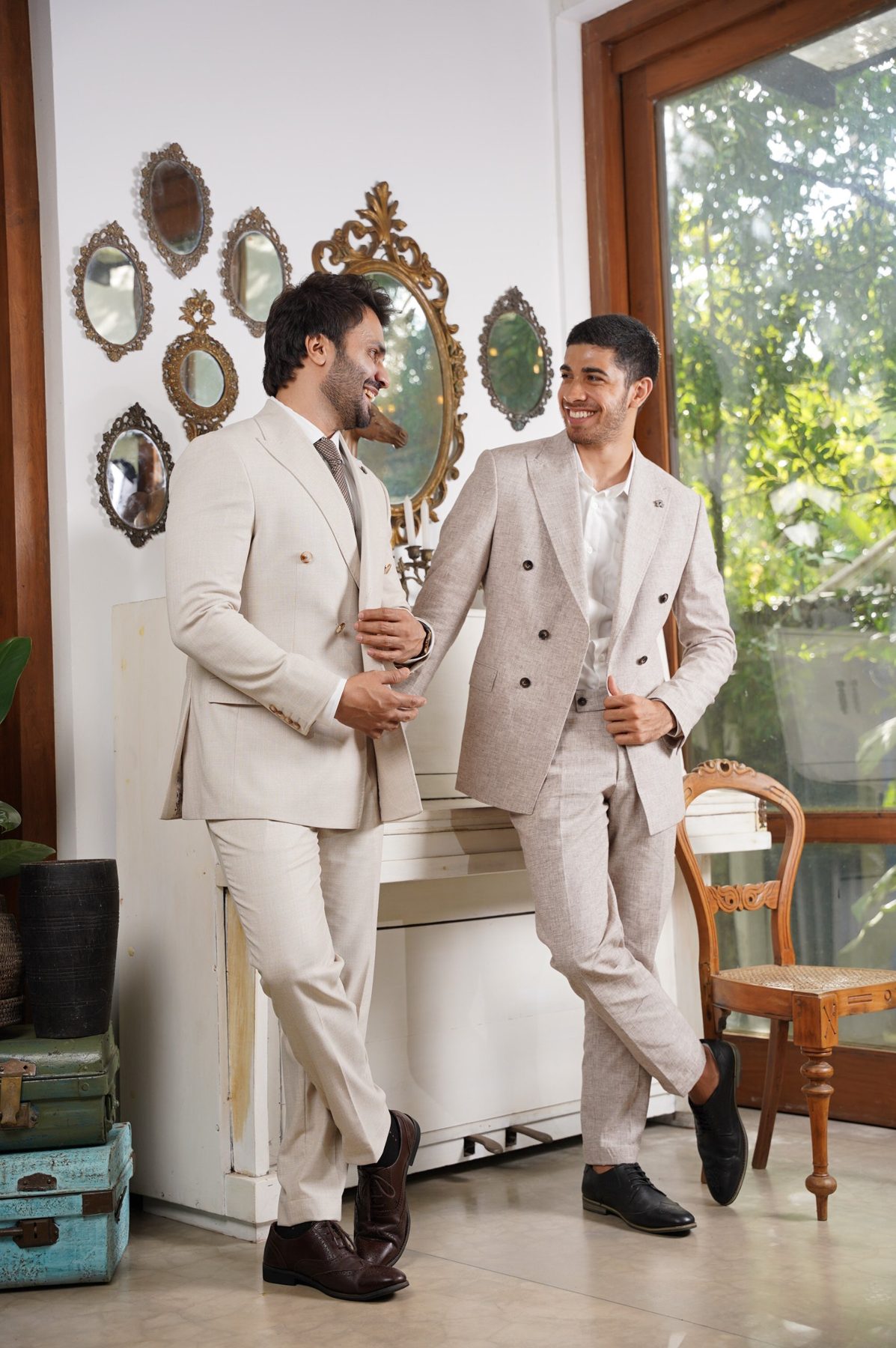 Groom and bestman in beige double-breasted suits